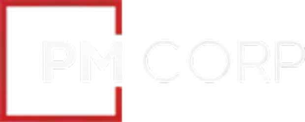 Logo with "PM Corp" text in black.