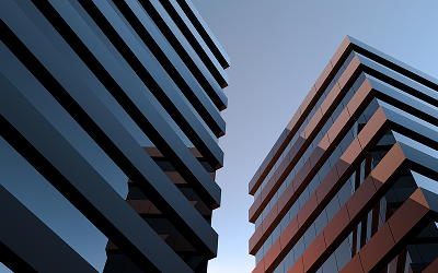 Modern buildings against a clear sky.